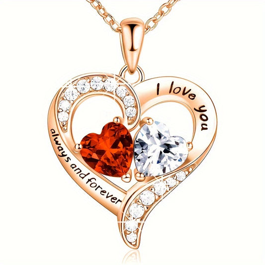 Elegant Love Heart Pendant Necklace with Red and Clear Stones