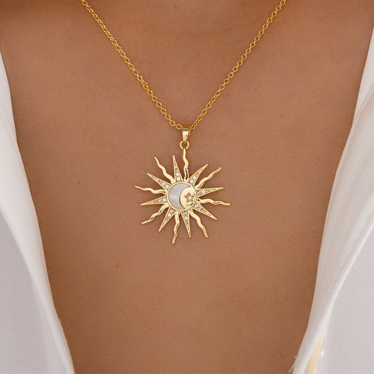 Gold Bohemian Sun Pendant Necklace with Rhinestones and Crescent Moon Detail