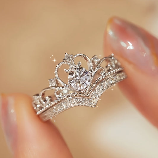 Princess crown ring, adjustable opening, inlaid with fashionable synthetic zircon