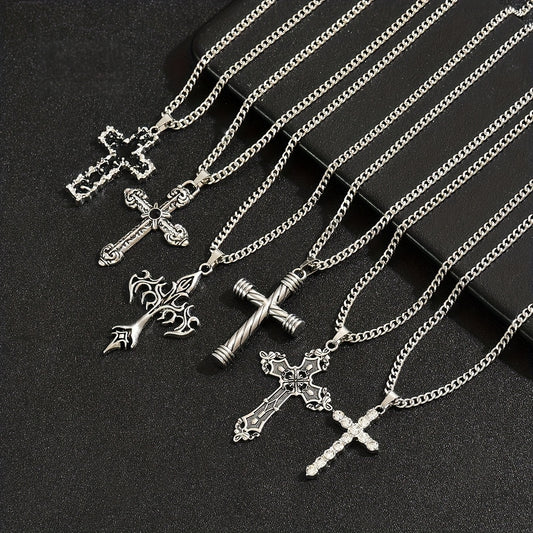 6pcs Men'S Stainless Steel Chain Necklace Set, Vintage Mixed Style Cross Pendant